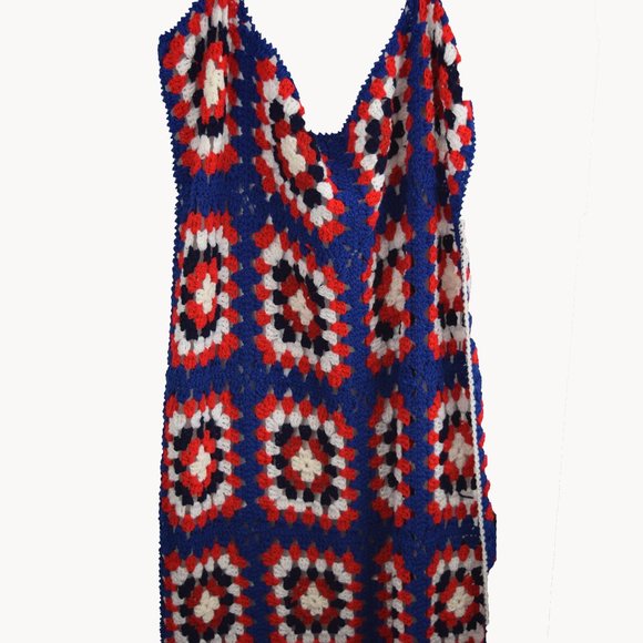 Patriotic Granny Squares Afghan Throw Lap Blanket Handmade Red White Blue Cottag - Picture 10 of 13